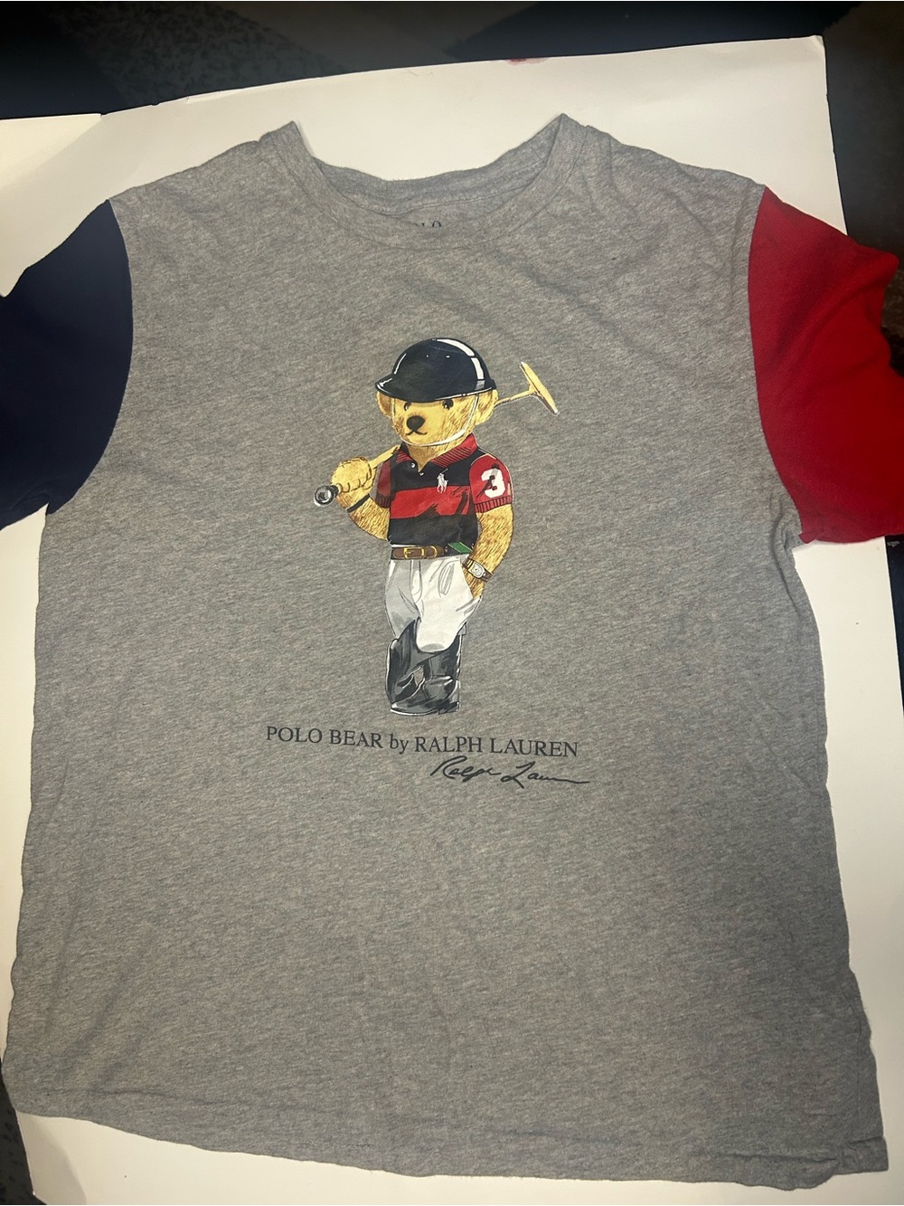 Polo by Ralph Lauren Gray Tee with Red & Navy Sleeves featuring Polo Bear